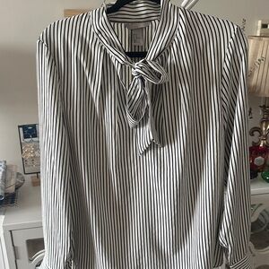 H&M Black and White Striped Blouse with Tie Neck